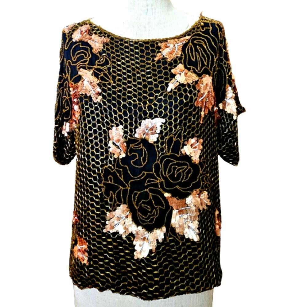 Vintage Gold Beading on Black Silk Blouse Size Medium